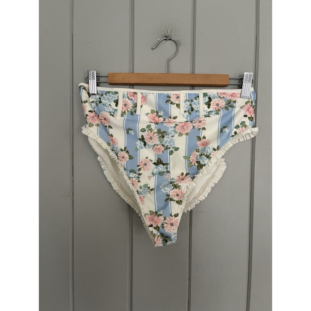 For Love & Lemons Charleston Floral Bikini Bottom L Large High Waist Blue Pink